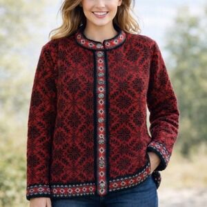 LL BEAN Fair Isle Cardigan Sweater Women M 100% Merino Lambs Wool Nordic Cabin